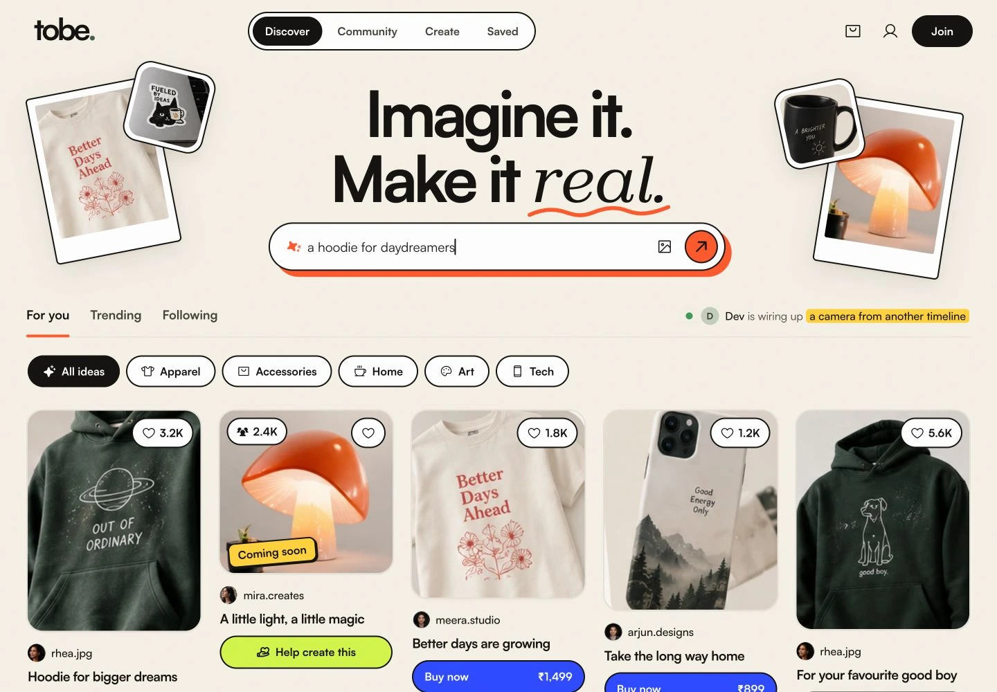 TOBE creator marketplace with discovery and a creative prompt